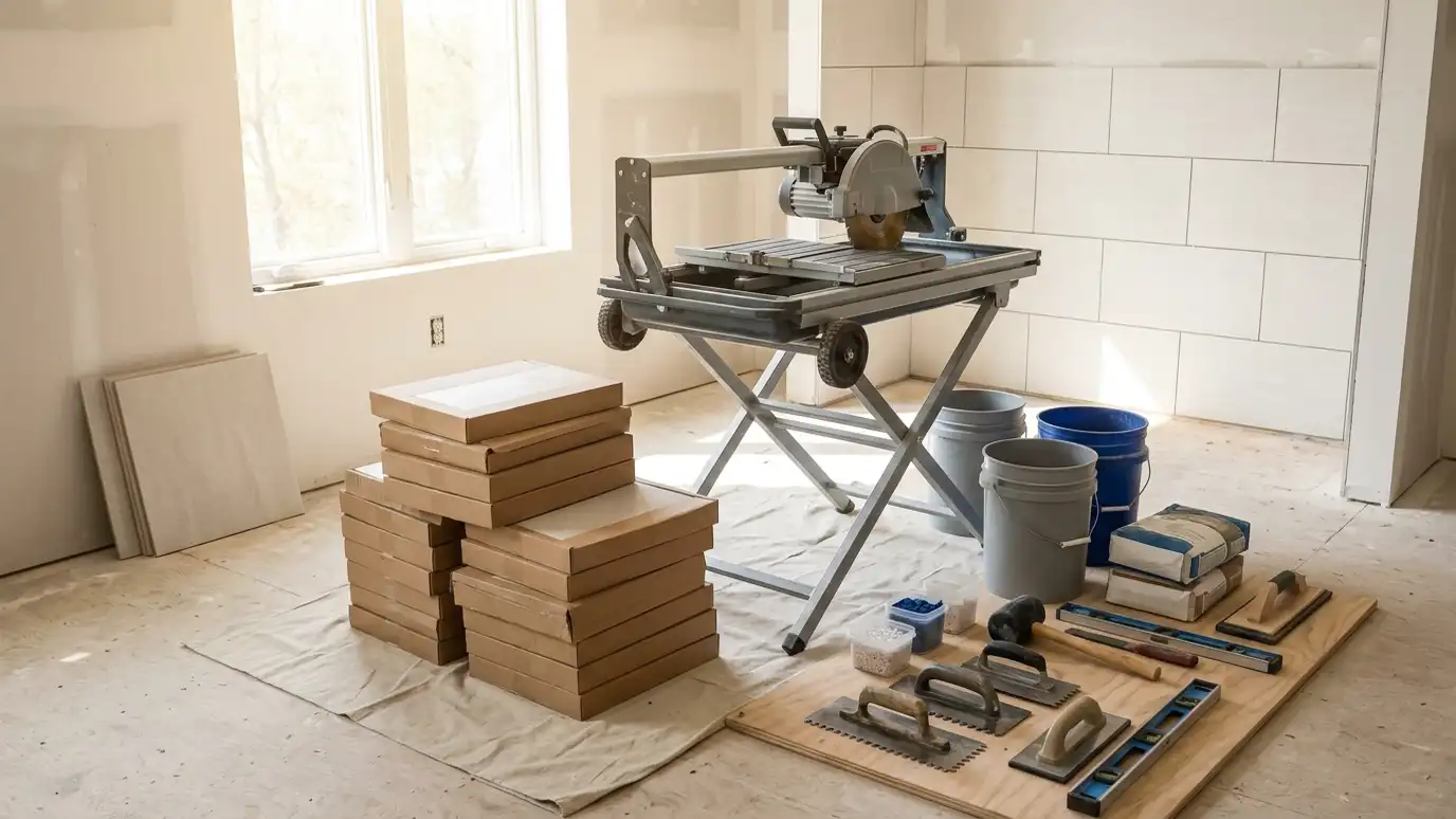 A tidy tile installer's staging area with neatly stacked boxes of tile, buckets, a wet saw on a stand, notched trowels and spacers in morning light