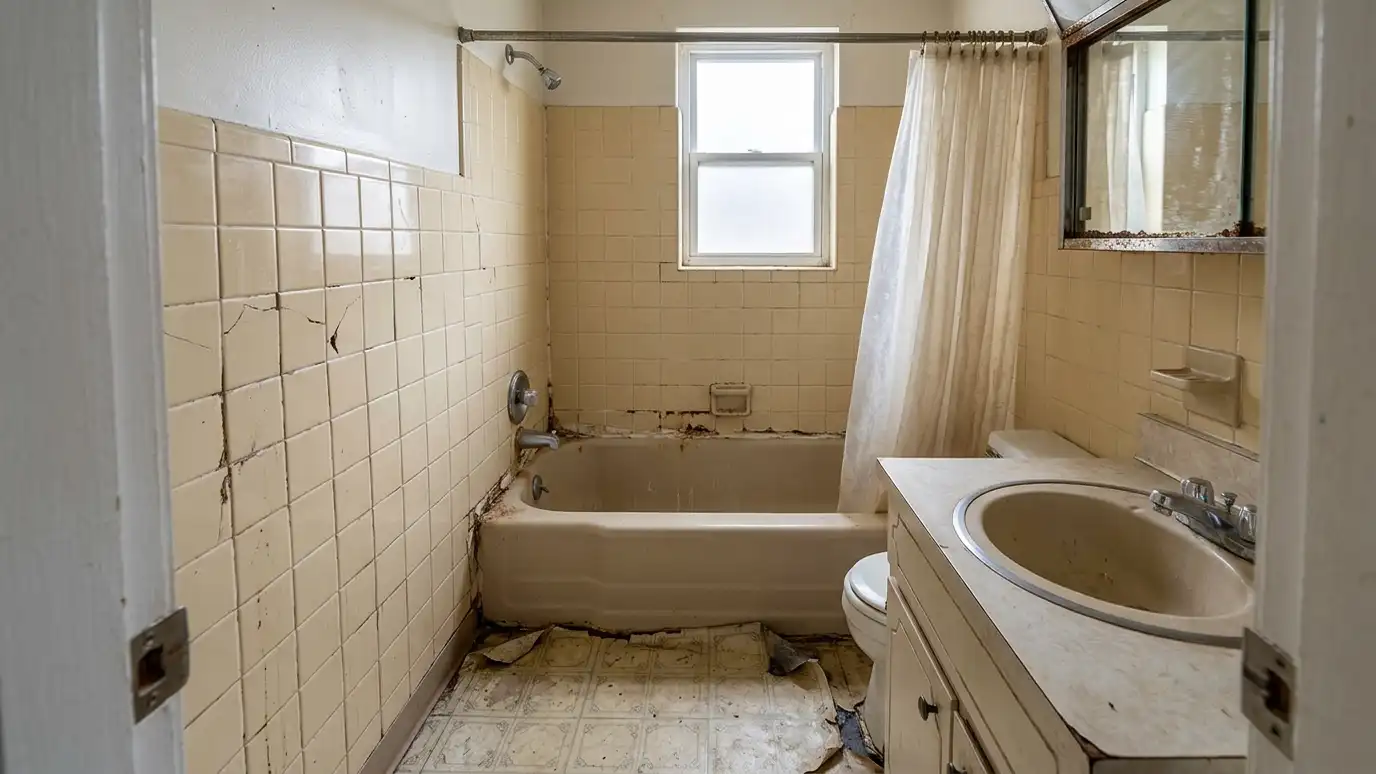 Before: a small bathroom with yellowed wall tile, stained grout, a worn tub and a peeling vinyl floor