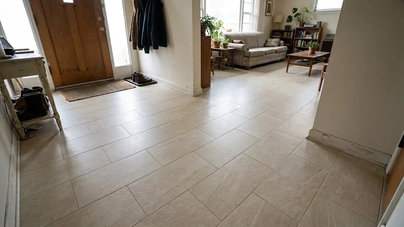 After: A worn linoleum floor, then large-format porcelain tile | Music City Tile & Bath After: an entry and living area with large-format porcelain tile with thin, even grout lines