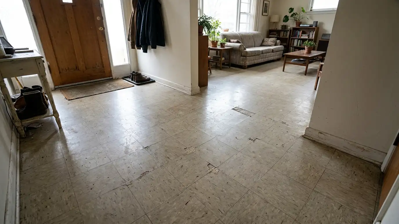 Before: an entry and living area with scratched, dull linoleum with cracked patches