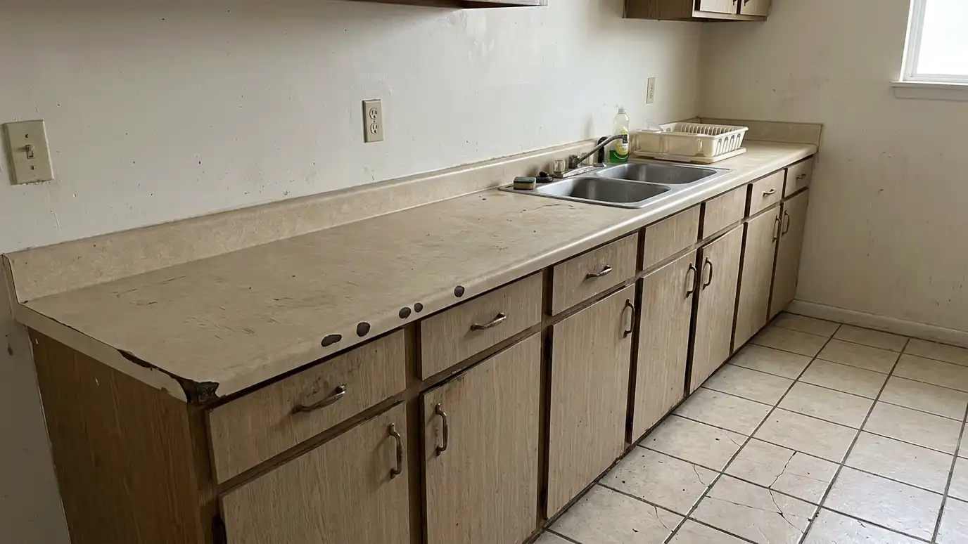 Before: a kitchen with a plain wall behind chipped counters and a cracked beige floor