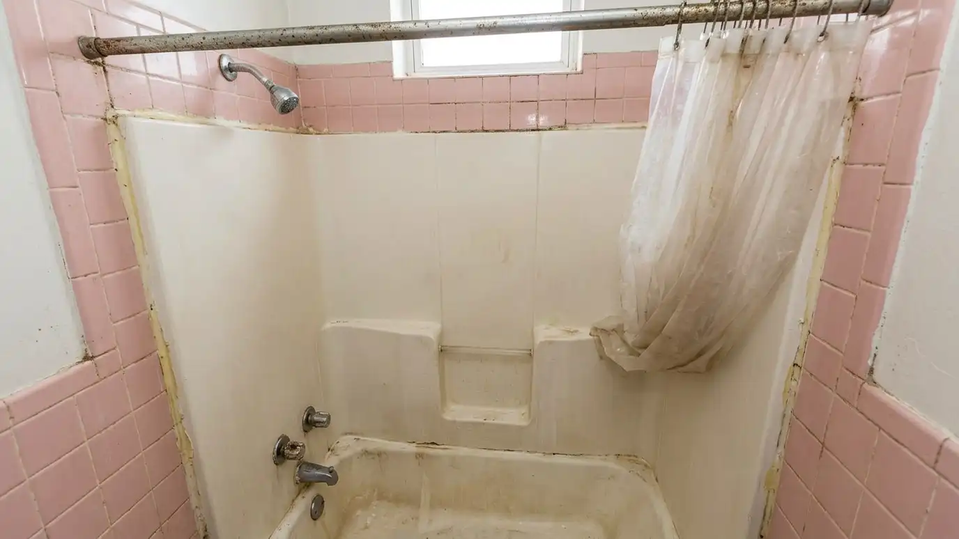 Before: a bathroom corner with a plastic tub-and-shower insert, a mildewed curtain and dated pink tile