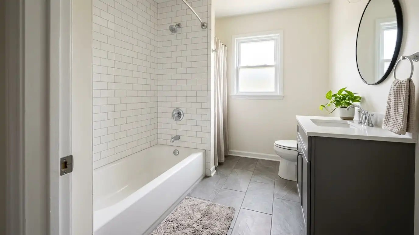 A Antioch, Tennessee home with a beautifully tiled bathroom, a large walk-in shower and a light porcelain floor