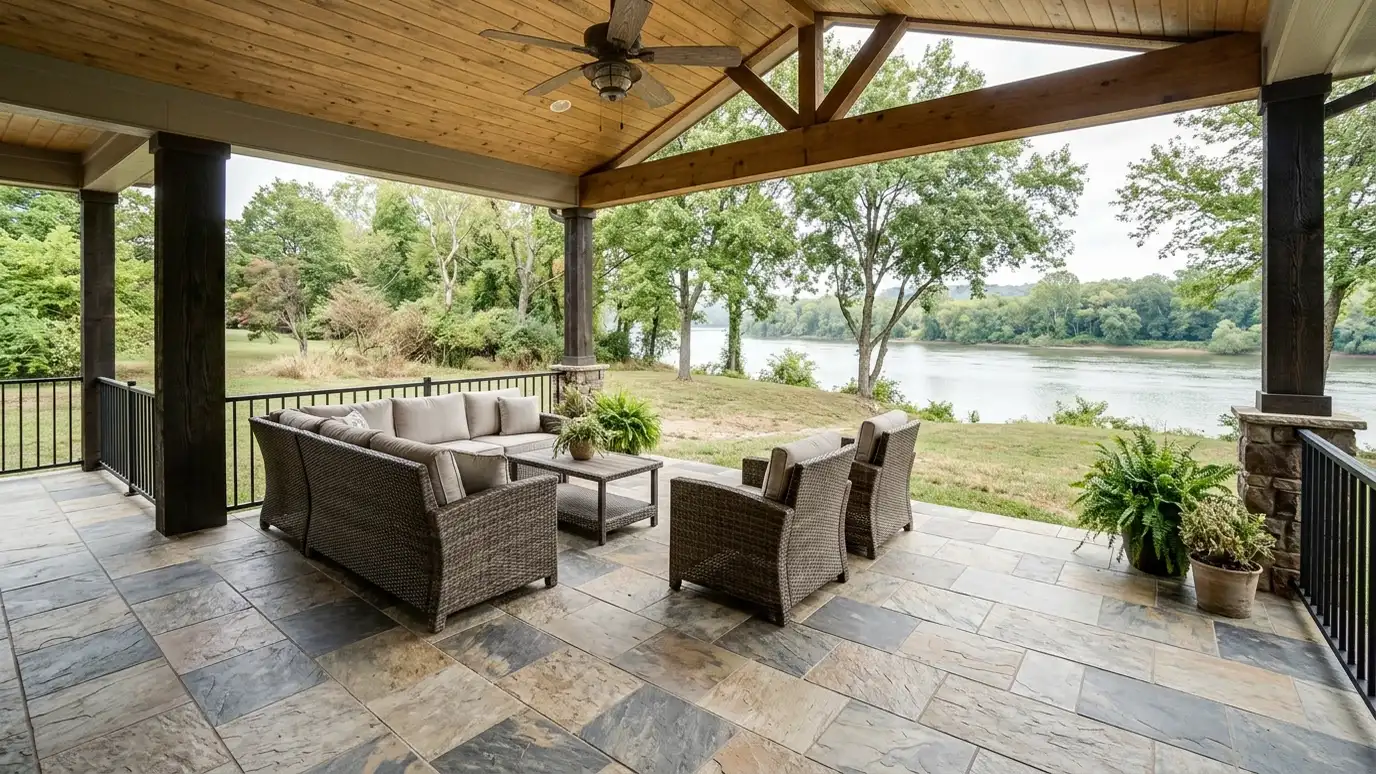 A Ashland City, Tennessee home with a beautifully tiled bathroom, a large walk-in shower and a light porcelain floor