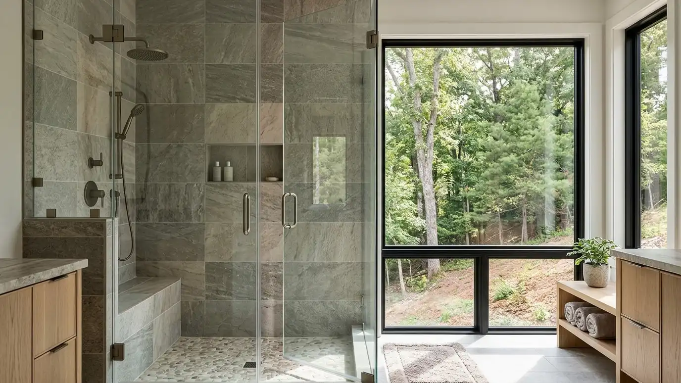 Tile installation in Bellevue, TN A Bellevue, Tennessee home with a beautifully tiled bathroom, a large walk-in shower and a light porcelain floor