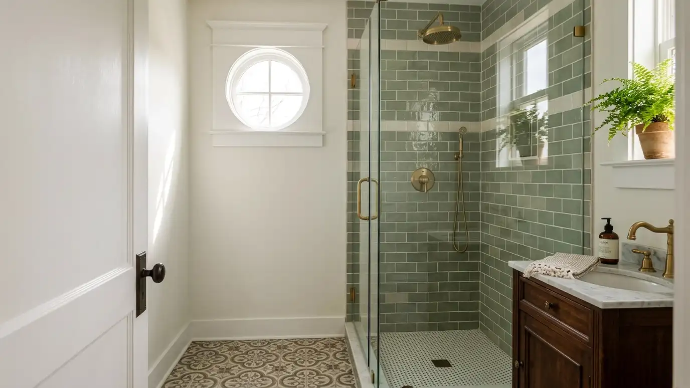 Tile installation in Berry Hill, TN A Berry Hill, Tennessee home with a beautifully tiled bathroom, a large walk-in shower and a light porcelain floor