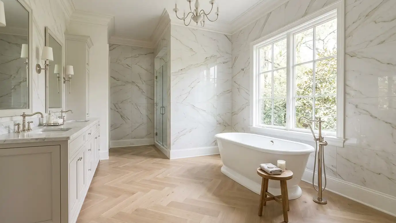 A Brentwood, Tennessee home with a beautifully tiled bathroom, a large walk-in shower and a light porcelain floor