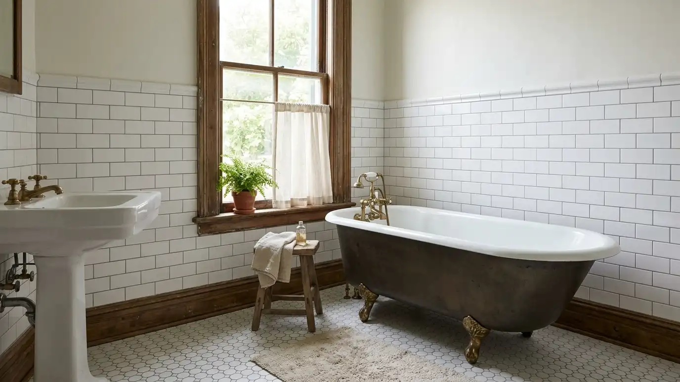 A Columbia, Tennessee home with a beautifully tiled bathroom, a large walk-in shower and a light porcelain floor