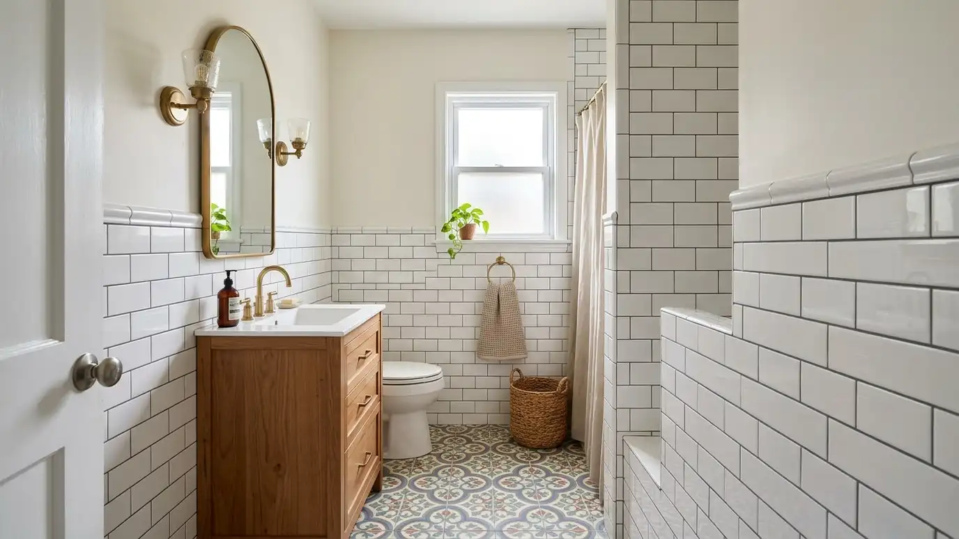 A East Nashville, Tennessee home with a beautifully tiled bathroom, a large walk-in shower and a light porcelain floor
