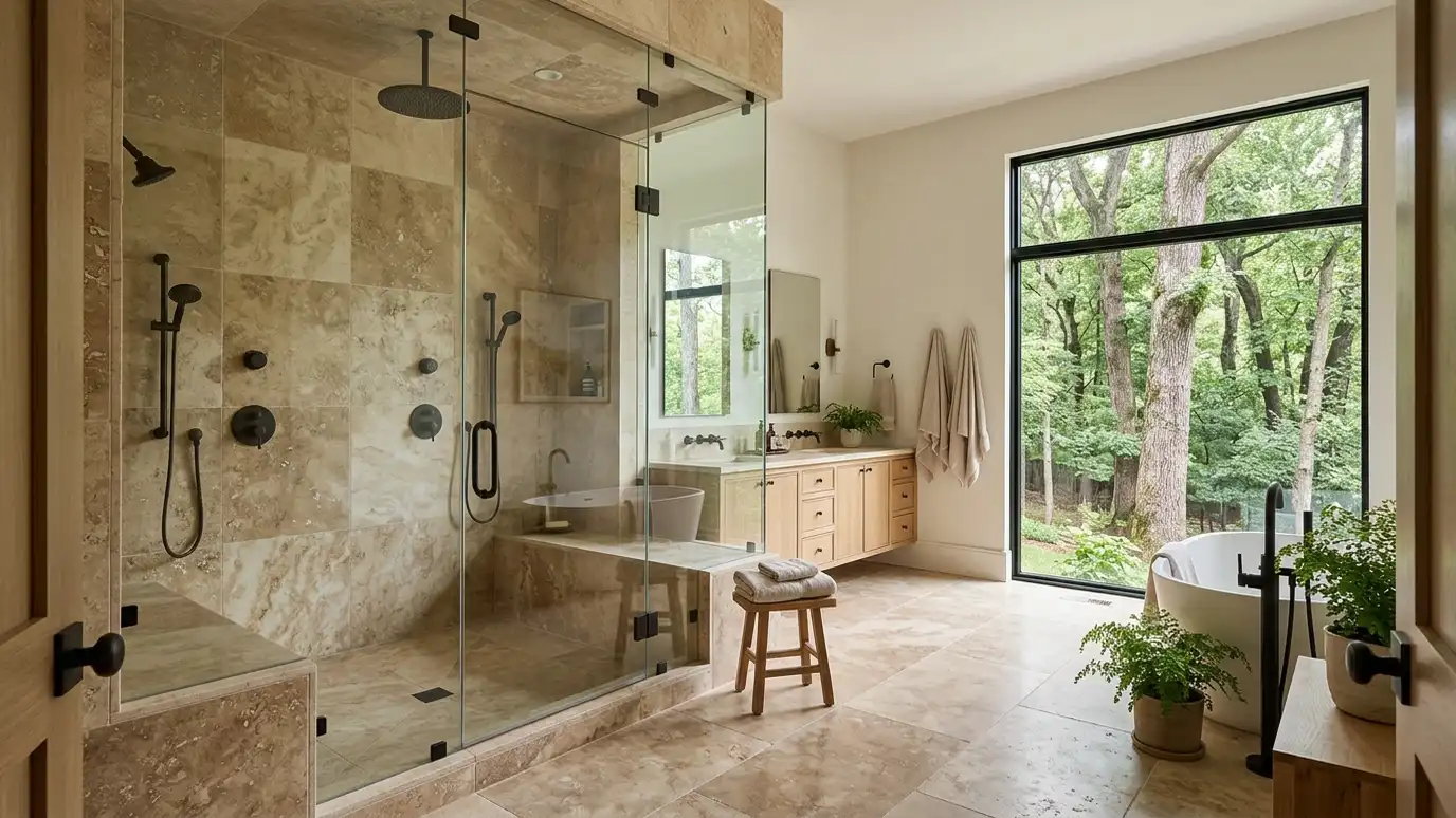 Tile installation in Forest Hills, TN A Forest Hills, Tennessee home with a beautifully tiled bathroom, a large walk-in shower and a light porcelain floor