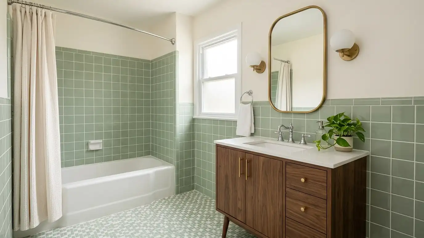 A Goodlettsville, Tennessee home with a beautifully tiled bathroom, a large walk-in shower and a light porcelain floor