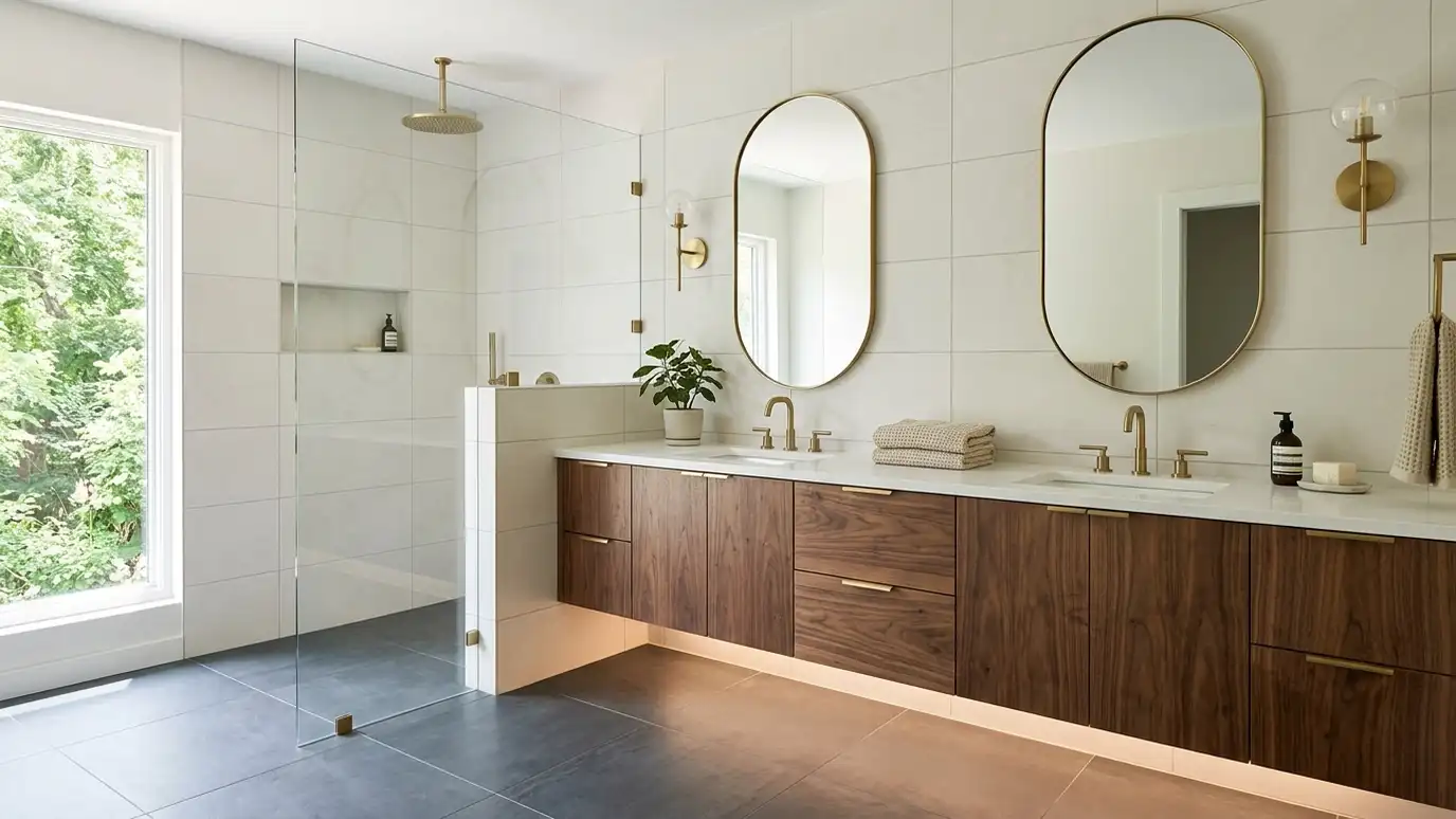 A Green Hills, Tennessee home with a beautifully tiled bathroom, a large walk-in shower and a light porcelain floor