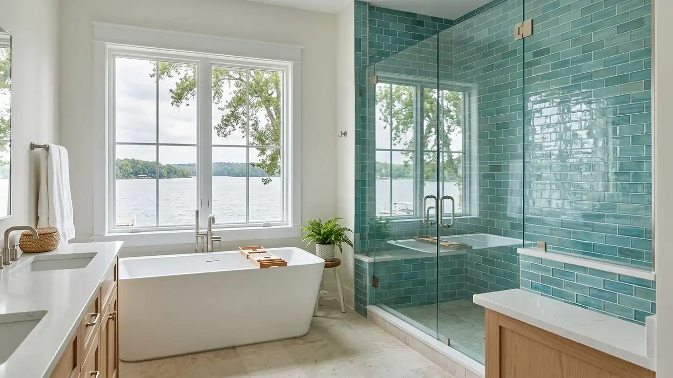 A Hendersonville, Tennessee home with a beautifully tiled bathroom, a large walk-in shower and a light porcelain floor