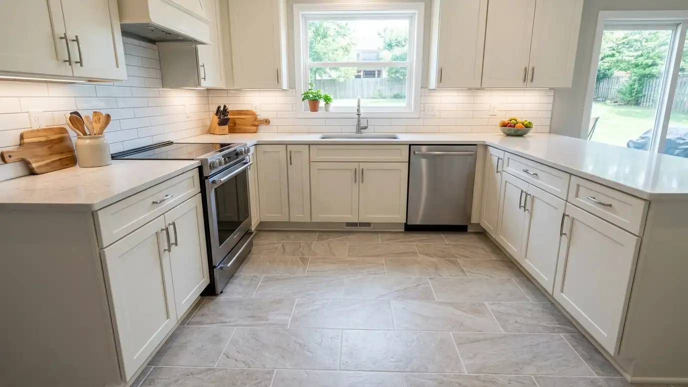 Tile installation in Murfreesboro, TN A Murfreesboro, Tennessee home with a beautifully tiled bathroom, a large walk-in shower and a light porcelain floor