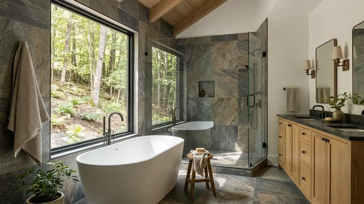 A Pegram, Tennessee home with a beautifully tiled bathroom, a large walk-in shower and a light porcelain floor