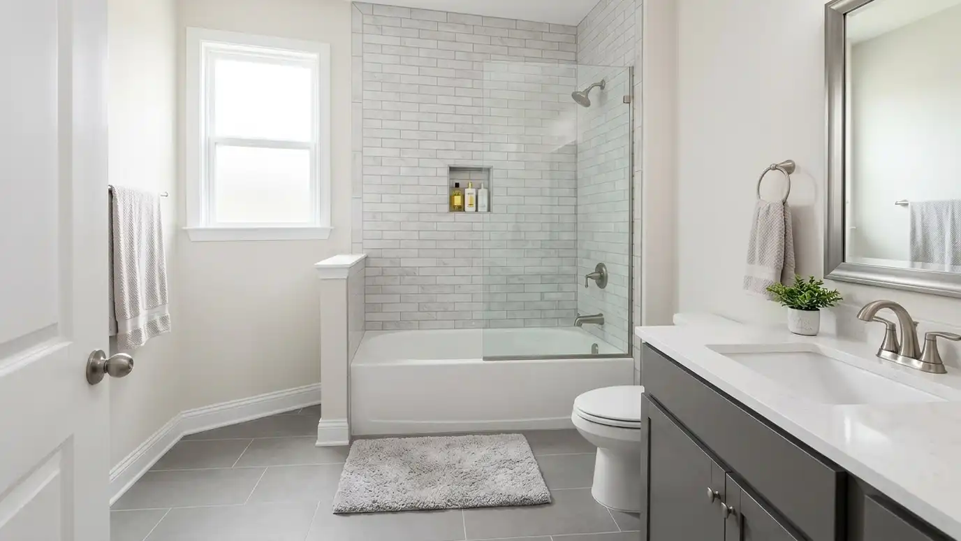 Tile installation in Spring Hill, TN A Spring Hill, Tennessee home with a beautifully tiled bathroom, a large walk-in shower and a light porcelain floor