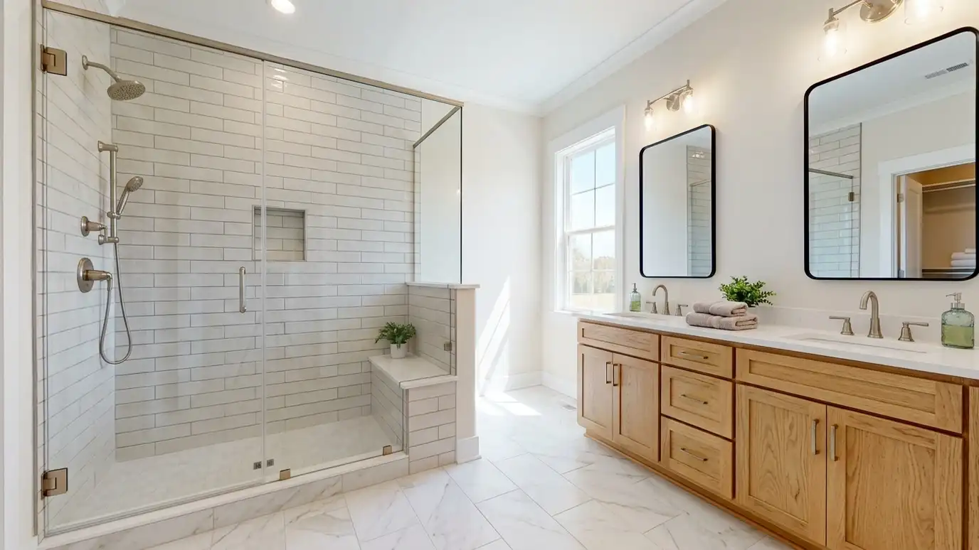 Tile installation in White House, TN A White House, Tennessee home with a beautifully tiled bathroom, a large walk-in shower and a light porcelain floor