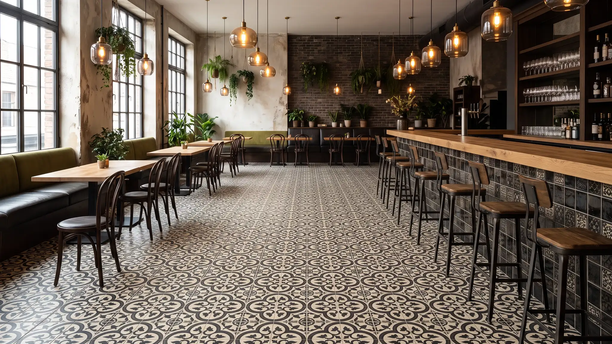 A stylish restaurant interior with a patterned cement-look porcelain tile floor in black and cream, a tiled bar front and warm pendant lights