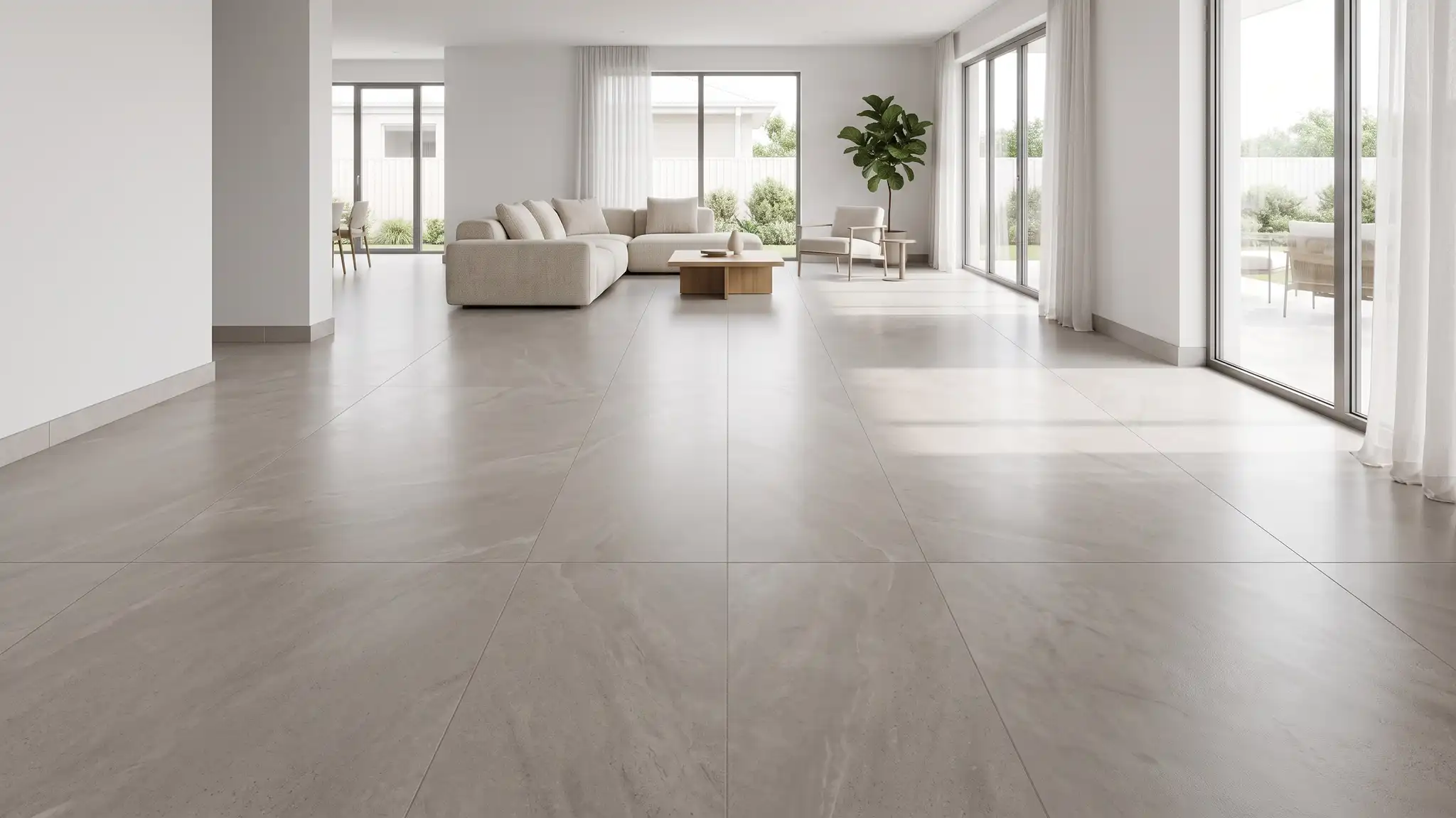 A wide open living area with a flawless large-format porcelain tile floor in soft warm gray with thin grout lines, white walls and a large window with daylight