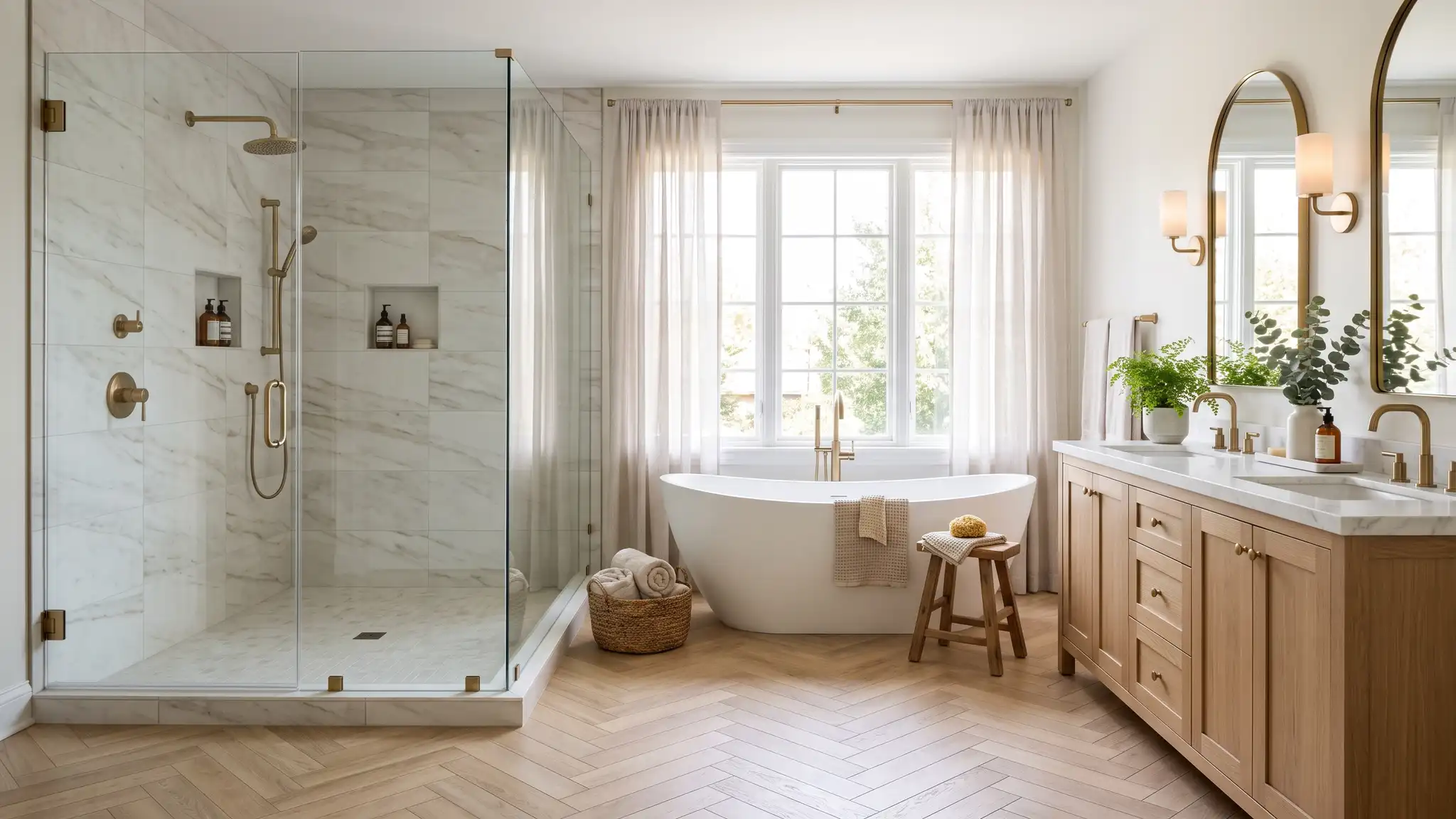 A luxurious spa-style bathroom with a large walk-in shower fully tiled in soft white and warm gray porcelain, a freestanding tub, a herringbone floor, a large window with soft morning light