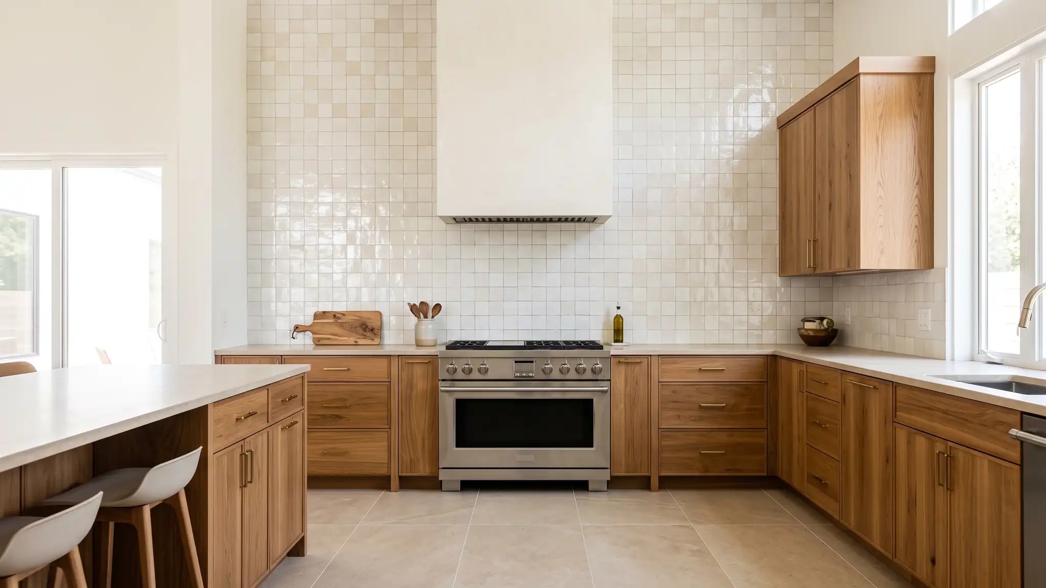 A bright modern kitchen with a full-height white zellige-style tile backsplash behind a range with a hood, warm wood cabinets and a large porcelain tile floor