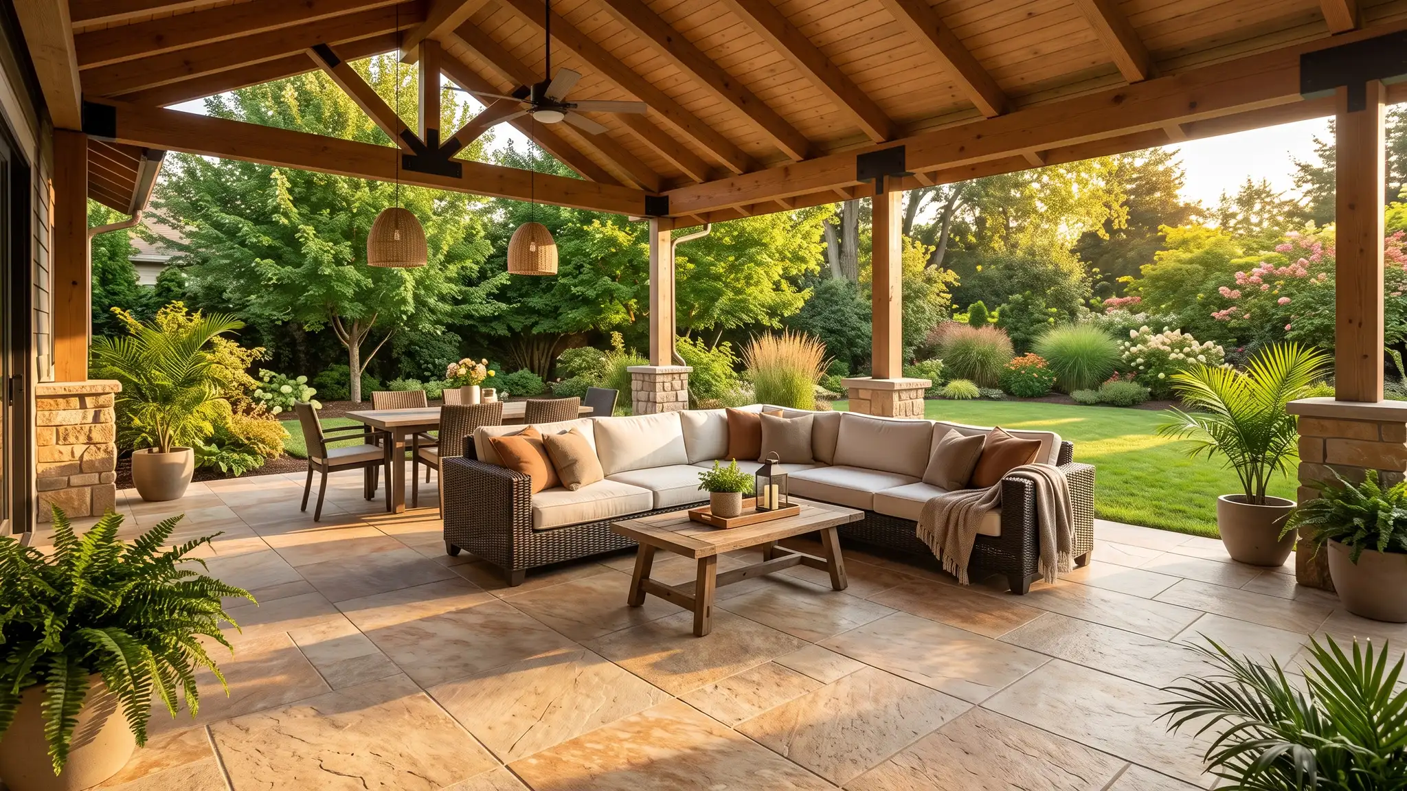 A beautiful backyard covered patio with a large-format outdoor porcelain tile floor in warm stone tones, comfortable empty outdoor furniture and green landscaping at golden hour