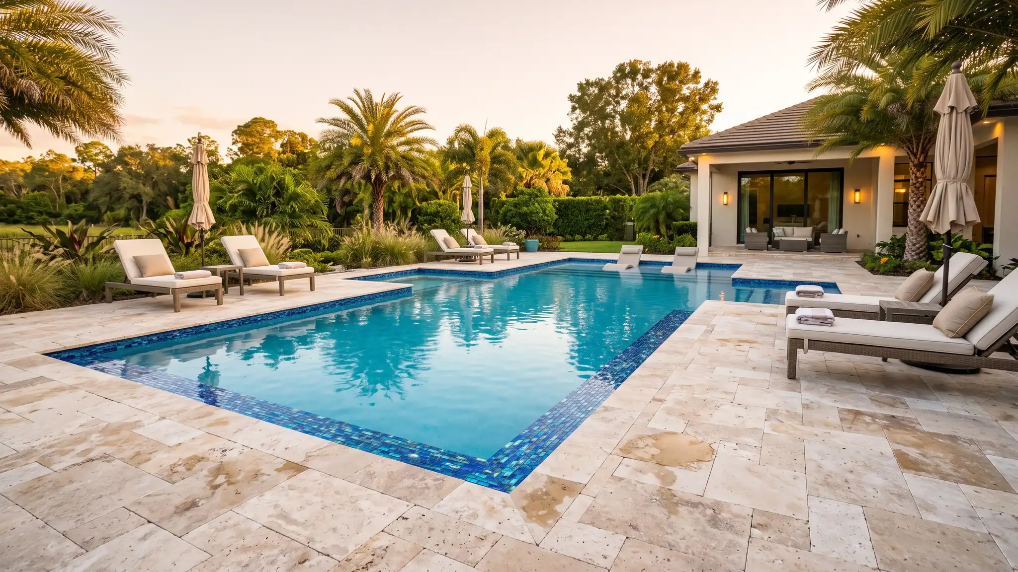 A resort-style backyard swimming pool with blue glass mosaic waterline tile, a light travertine-look tile deck and loungers at golden hour