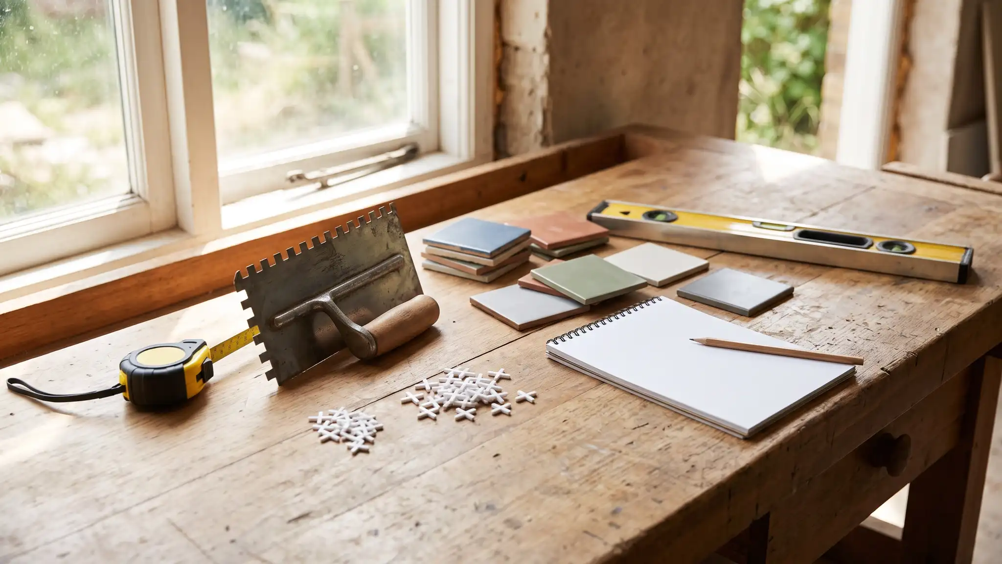 A tidy workbench with a tape measure, a notched trowel, tile spacers, tile samples in several colors, a level and a blank notepad beside a window in