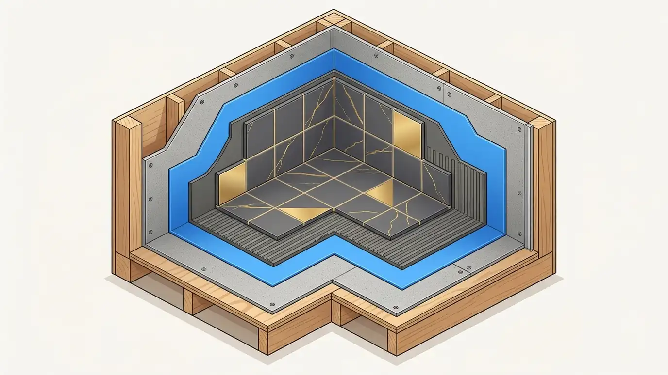 A clean illustrated isometric cutaway diagram of a tiled shower wall and floor showing the framing, a cement backer board, a blue waterproofing membrane, a thin mortar layer, the porcelain tile and the grout lines as stacked layers