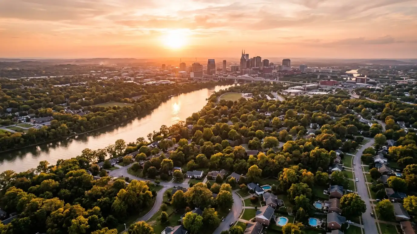 A golden sunset aerial view of the Nashville skyline above tree-covered neighborhoods with suburban homes and a winding river, warm evening light