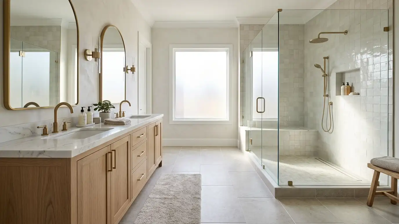 Tile installation gallery | Music City Tile & Bath A wide view of a finished bathroom renovation with a tiled walk-in shower, a tiled floor and a double vanity in bright natural light