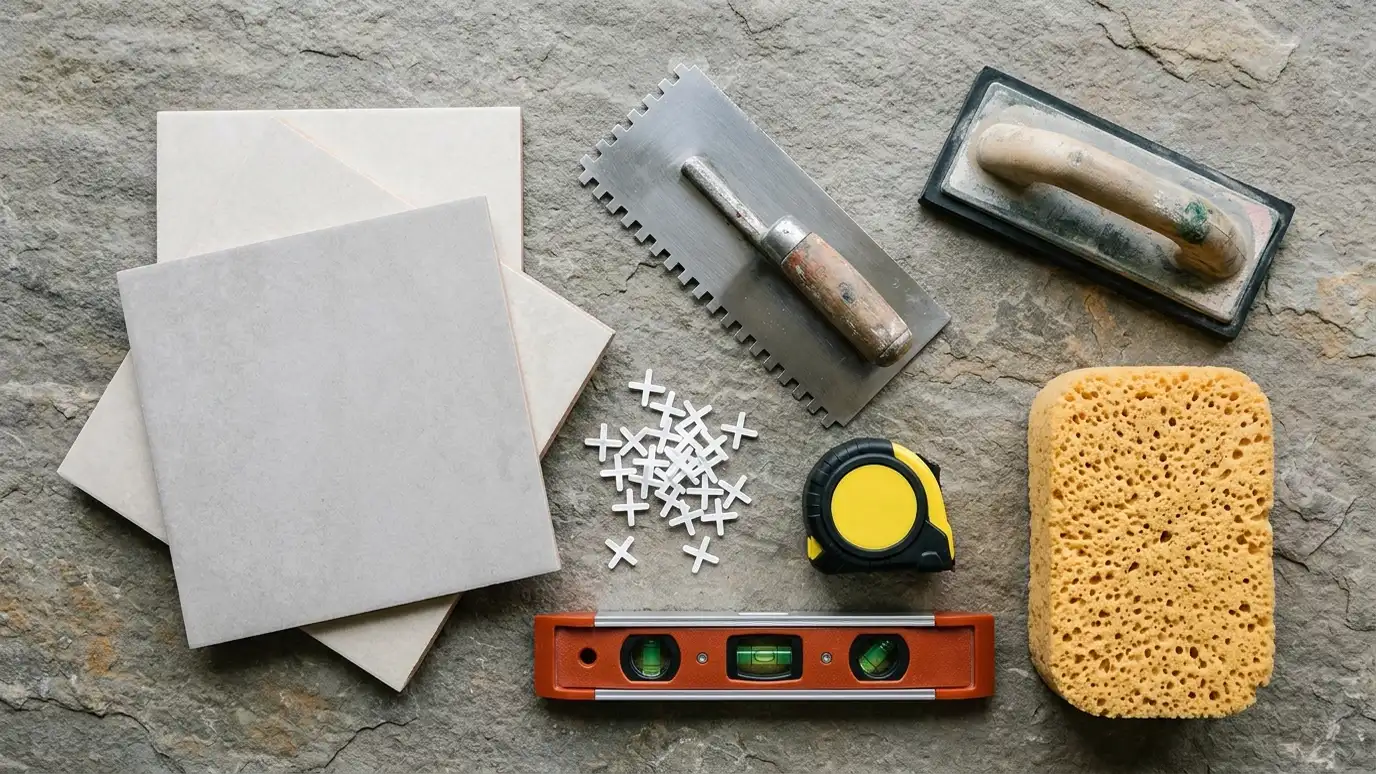 A neat flat lay of tile installation tools on a stone surface: a notched trowel, rubber grout float, tile spacers, a tape measure, a level, a sponge and a few loose porcelain tiles