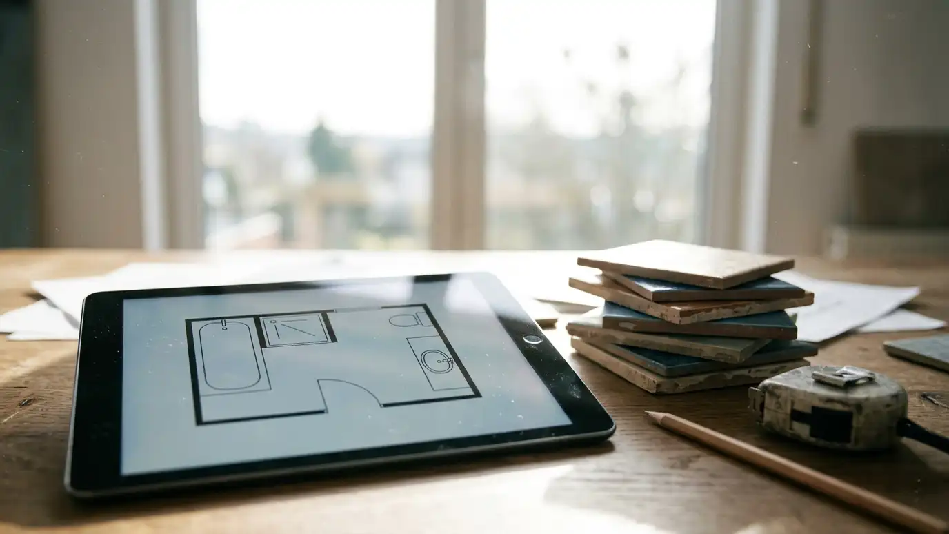 Tile tools and calculators | Music City Tile & Bath A desk with a tablet showing an abstract blank bathroom plan, a stack of tile samples, a tape measure, a pencil and a bright window behind