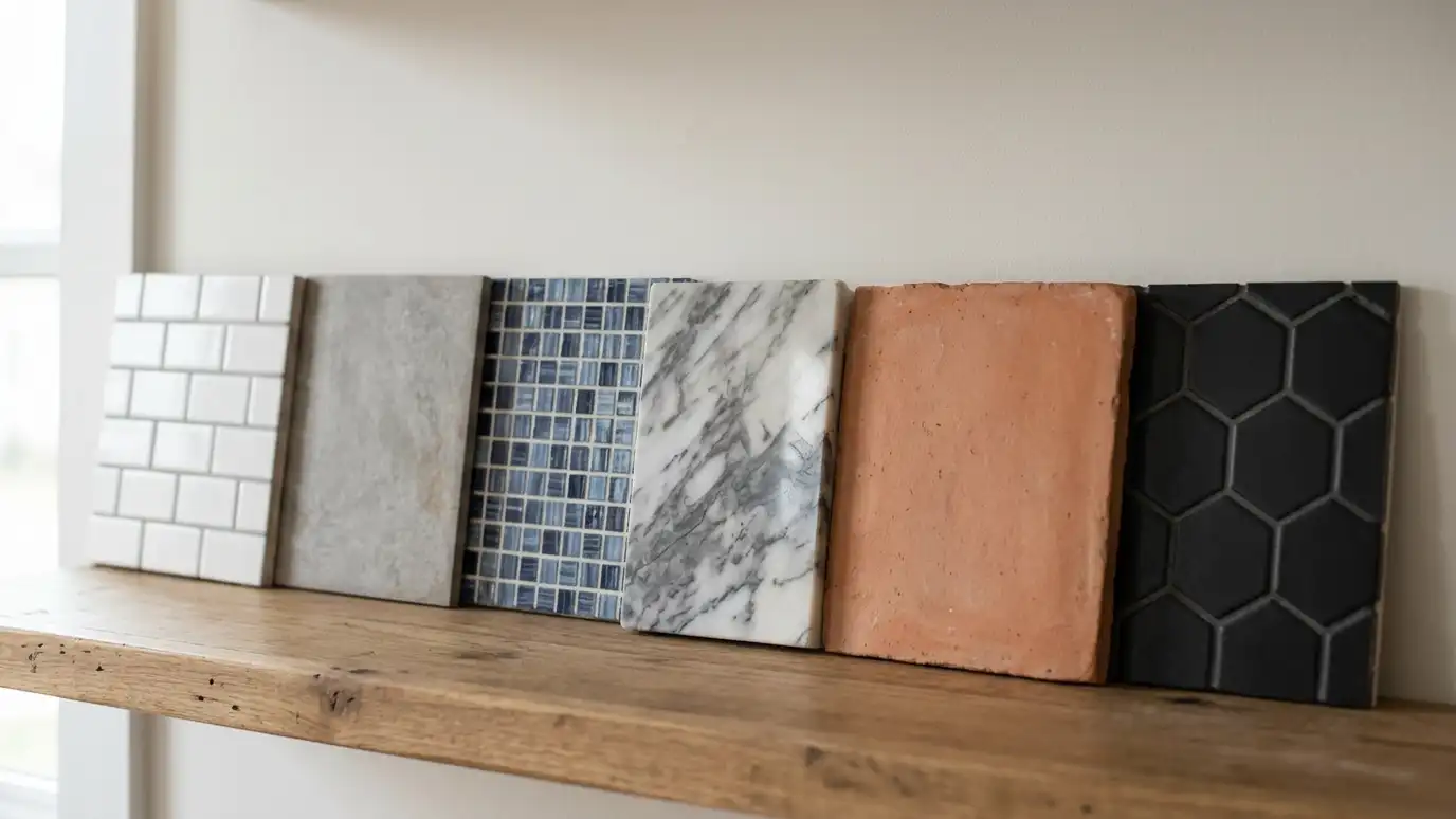Tile installation FAQ | Music City Tile & Bath A neat row of six square tile samples on a shelf: white subway, gray porcelain, blue mosaic, marble, terracotta and black hexagon, soft light