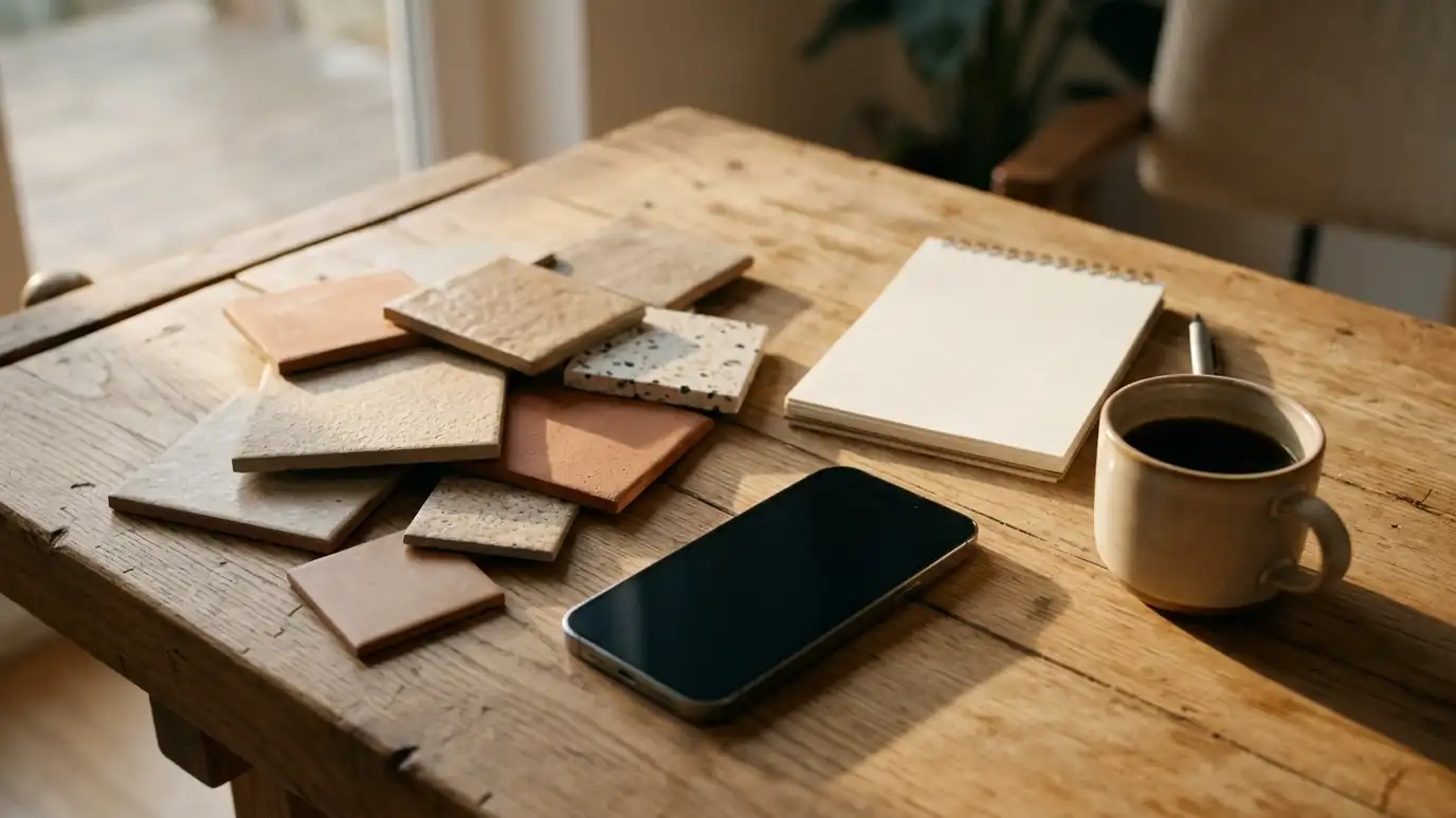 A phone with a blank screen, a coffee cup, a notepad and tile samples on a table in morning light