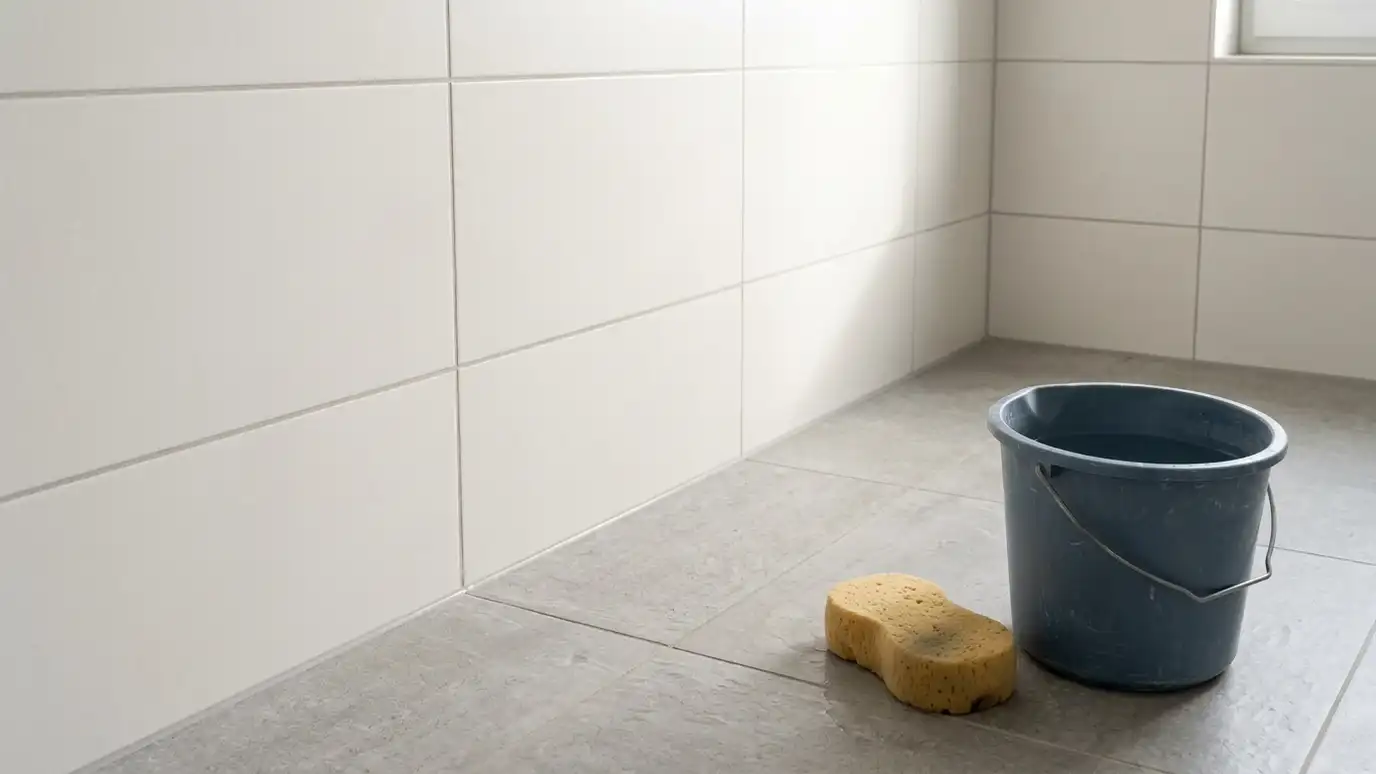 A finished tiled bathroom wall and floor with clean even grout lines and a soft sponge and a bucket beside it in soft morning light