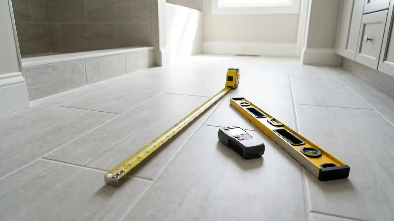 A tape measure stretched across a bathroom floor with a moisture meter and a level beside it