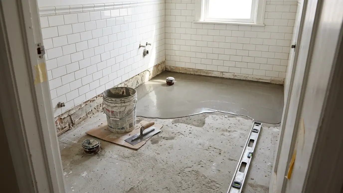 A bathroom with old tile removed and a bare clean concrete floor being leveled, a bucket and a trowel