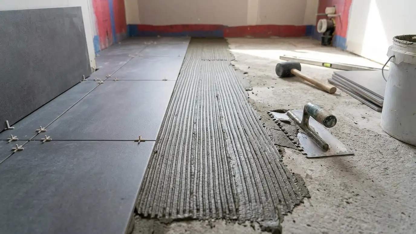 Our tile installation process | Music City Tile & Bath Tiles being set in a bathroom: a notched trowel combing mortar on a floor with a row of large gray tiles and spacers