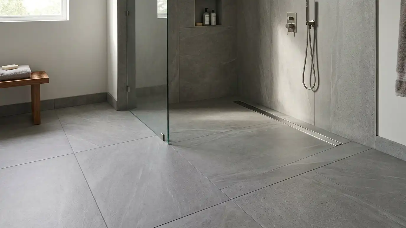 A curbless zero-entry shower where the large gray floor tile flows directly into the shower with a linear drain A curbless zero-entry shower where the large gray floor tile flows directly into the shower with a linear drain