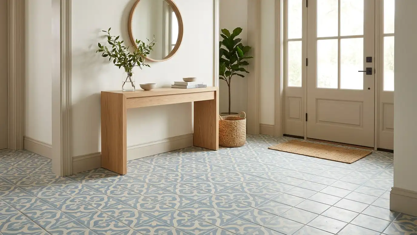 A welcoming front entryway with a patterned cement-look tile floor in blue and cream and a plain console table A welcoming front entryway with a patterned cement-look tile floor in blue and cream and a plain console table