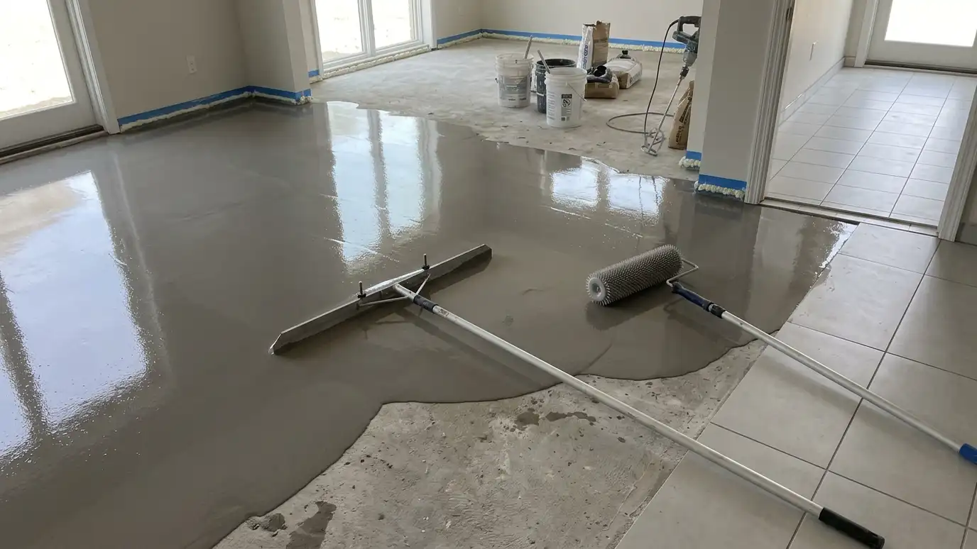 A concrete floor being coated with smooth self-leveling compound with a gauge rake and spiked roller
