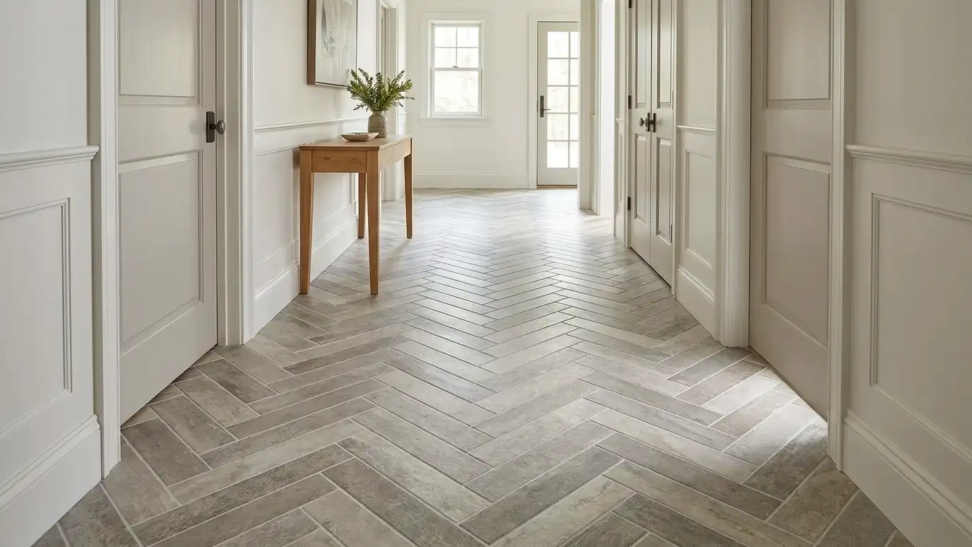 A hallway with a herringbone pattern tile floor in warm gray and cream A hallway with a herringbone pattern tile floor in warm gray and cream