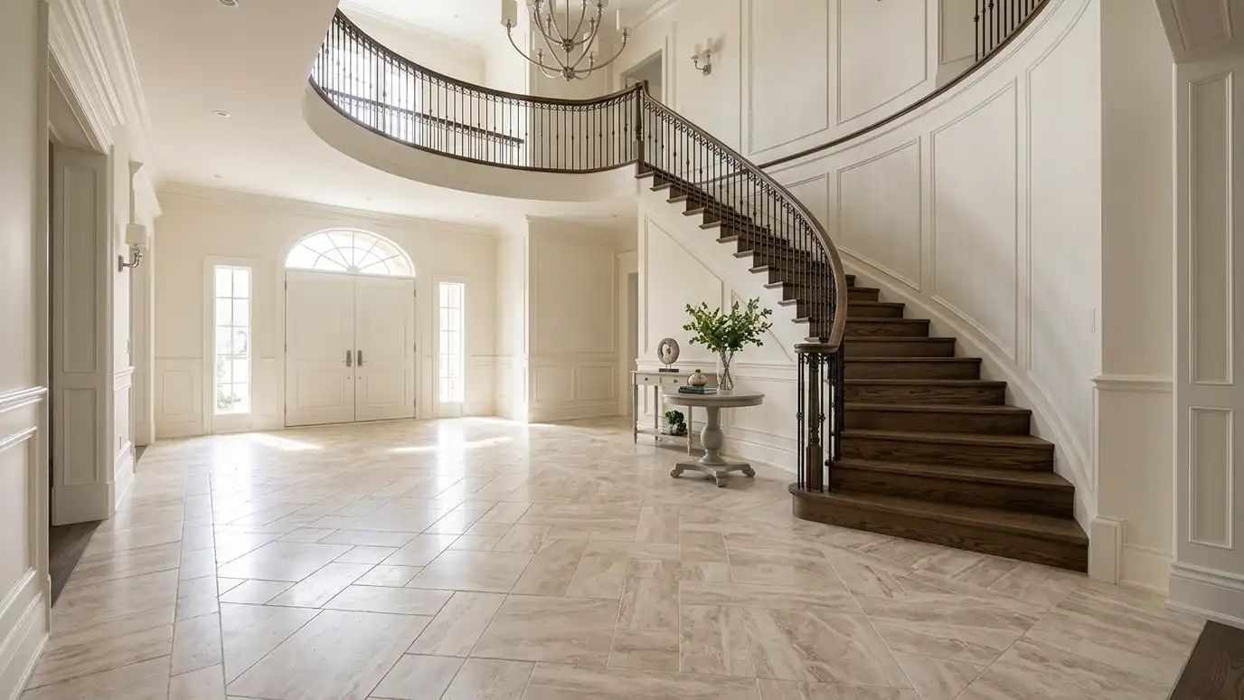 An elegant foyer with a honed travertine and marble floor with soft veining and a curved staircase An elegant foyer with a honed travertine and marble floor with soft veining and a curved staircase