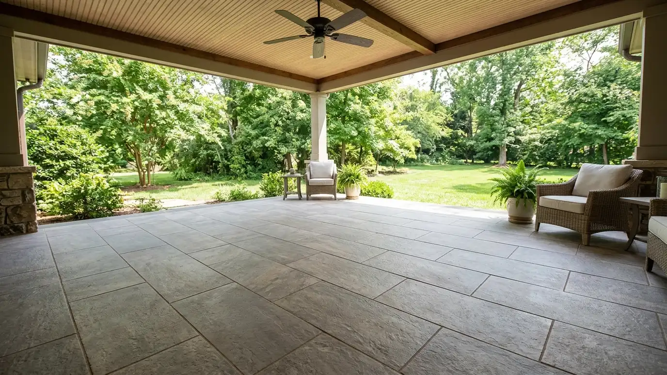 A covered back porch with a slip-resistant outdoor porcelain tile floor in warm gray, a ceiling fan and green yard beyond A covered back porch with a slip-resistant outdoor porcelain tile floor in warm gray, a ceiling fan and green yard beyond