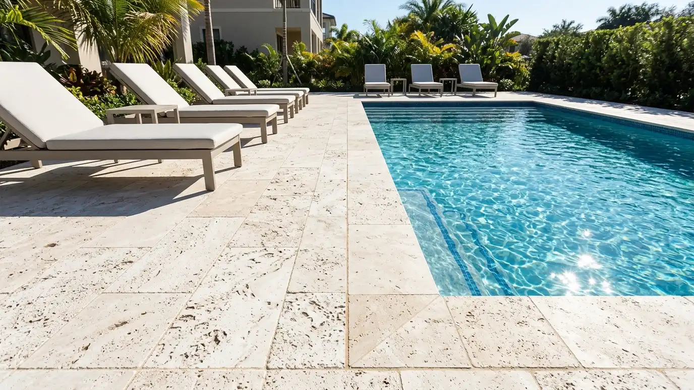 A light textured tile pool deck beside a clear blue pool with empty loungers in bright sunlight A light textured tile pool deck beside a clear blue pool with empty loungers in bright sunlight