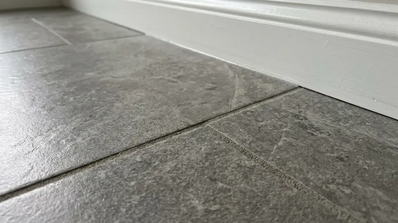 A close angled view of a porcelain tile floor in a stone-look gray with a light sheen and a baseboard
