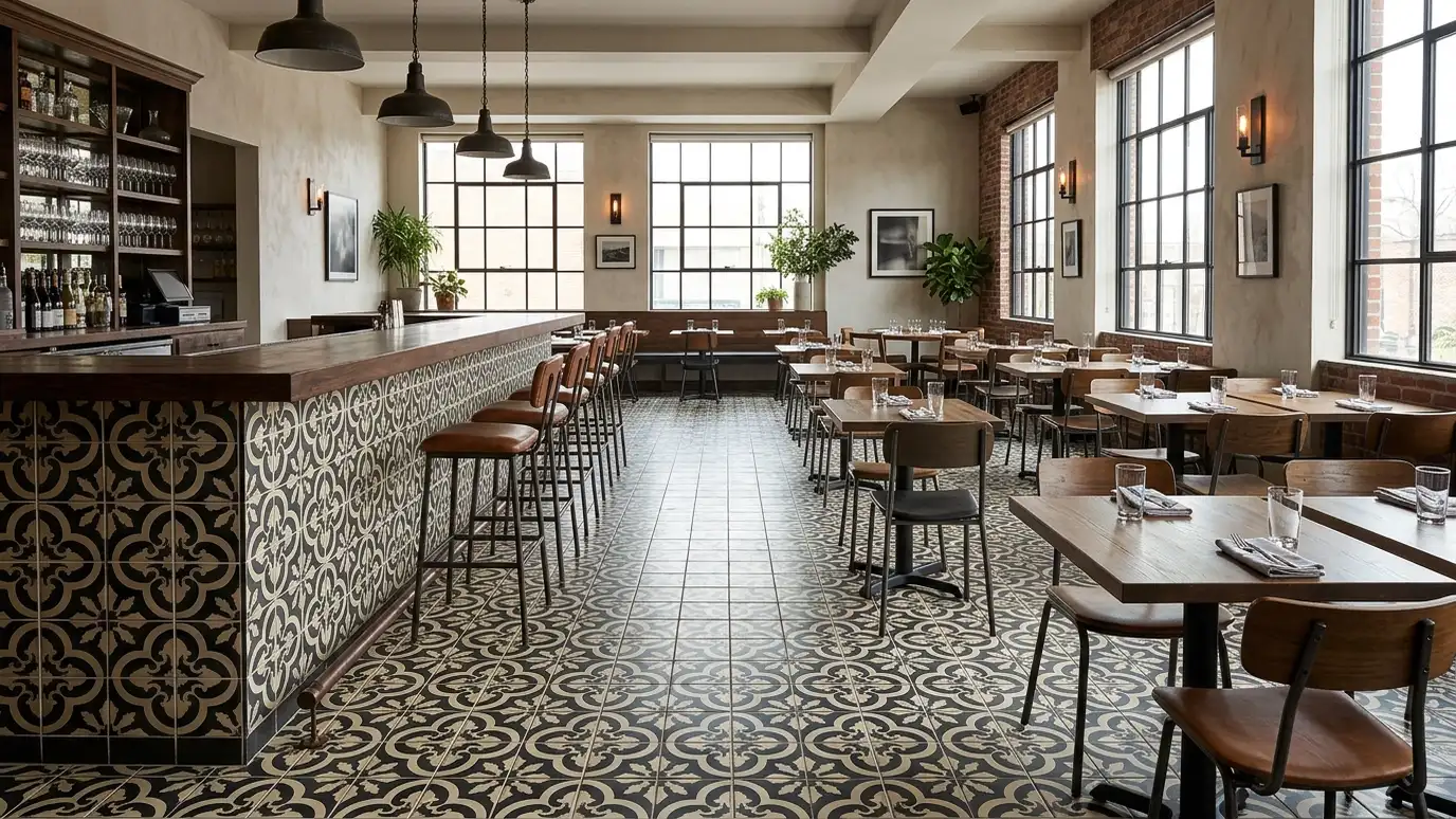 A restaurant dining room with a black and cream patterned tile floor and a tiled bar front A restaurant dining room with a black and cream patterned tile floor and a tiled bar front